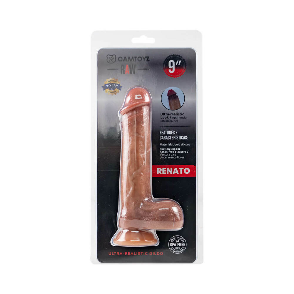 Camtoyz Ultra Realistic Dildo Renato Camtoyz Renato brown realistic dildo front of clear blister packaging
