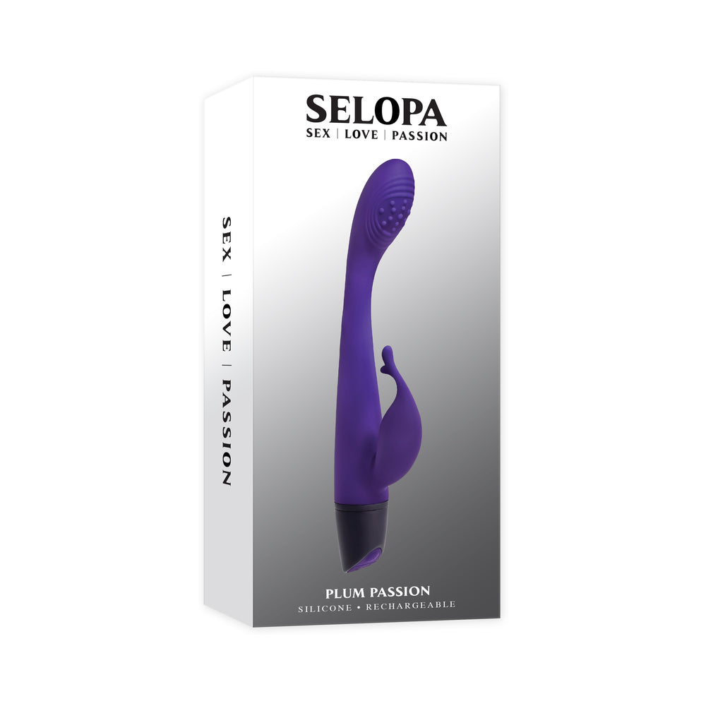 Selopa Plum Passion Rechargeable Dual Stim Silicone Purple Selopa Plum Passion retail box with purple rabbit vibrator