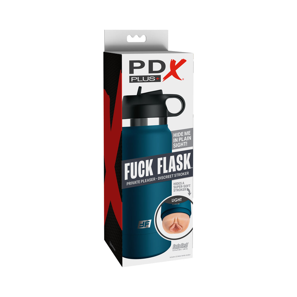 PDX Plus Fuck Flask Private Pleaser Discreet Stroker Blue Bottle Light PDX Plus blue Fuck Flask box showing light-tone textured sleeve opening
