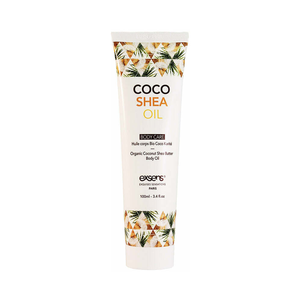 Exsens Coco Shea Oil 3.4 oz. white Exsens Coco Shea Oil 3.4 oz squeeze tube with botanical pattern