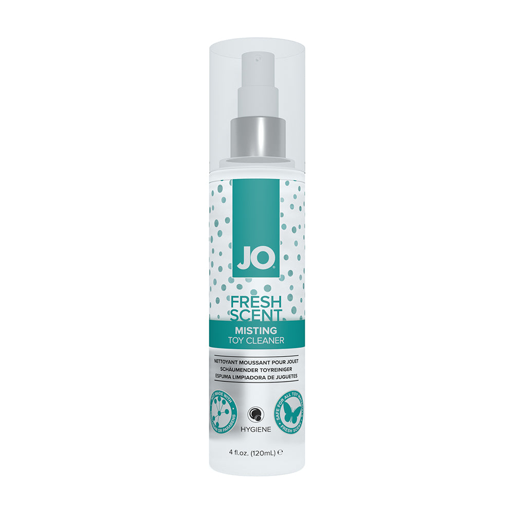 JO Misting Toy Cleaner 4 oz. System JO Fresh & Clean 4 oz misting cleaner front of clear spray bottle with teal-and-white label, white pump and cap