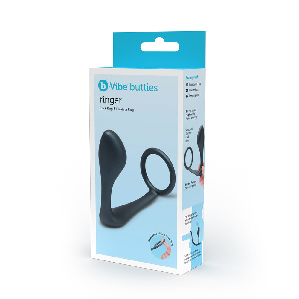 b-Vibe Butties Ringer C-Ring & Prostate Plug b-Vibe Butties Ringer gray silicone ring and prostate plug in retail box