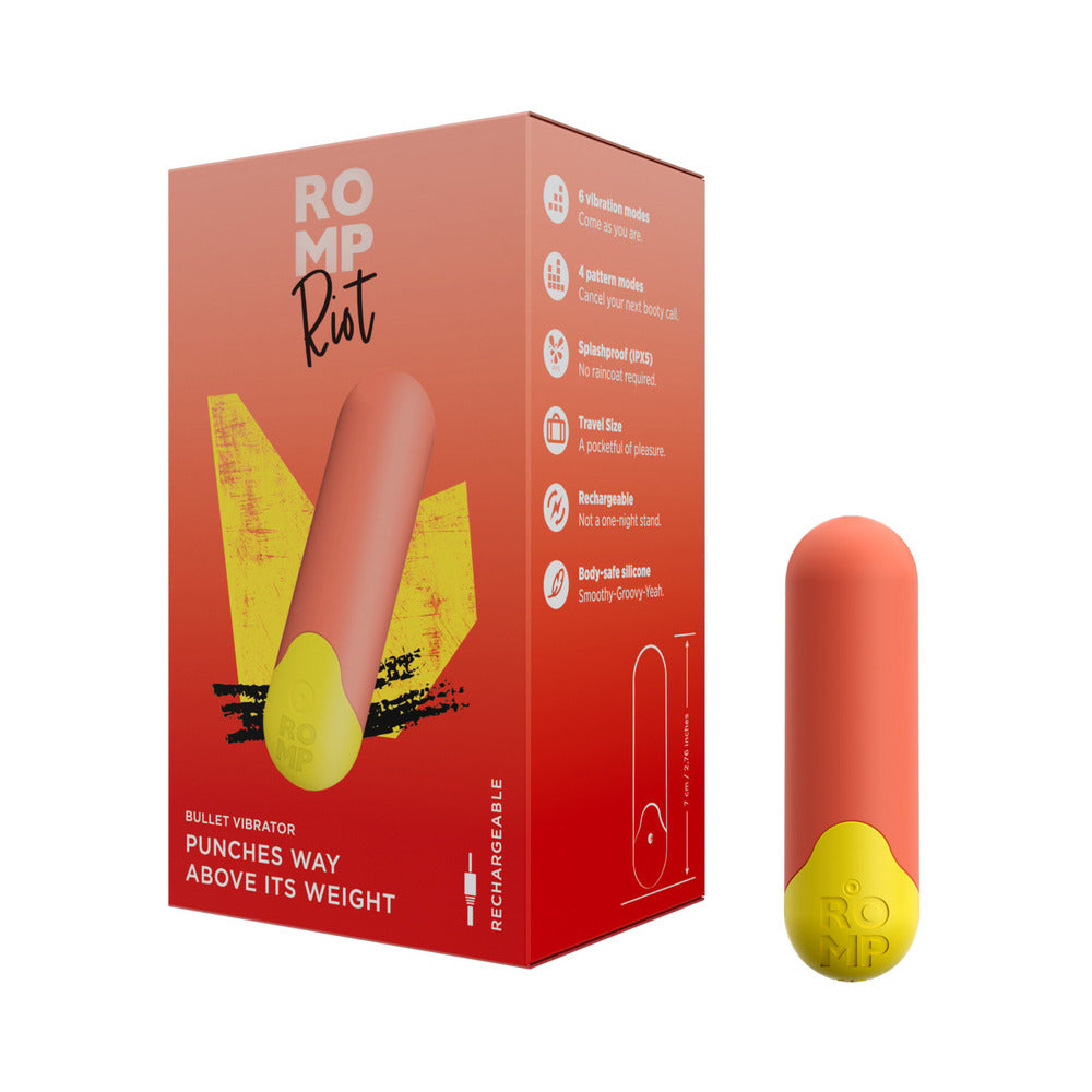 ROMP Riot Rechargeable Bullet Vibrator Light Orange ROMP Riot orange bullet vibrator beside retail box