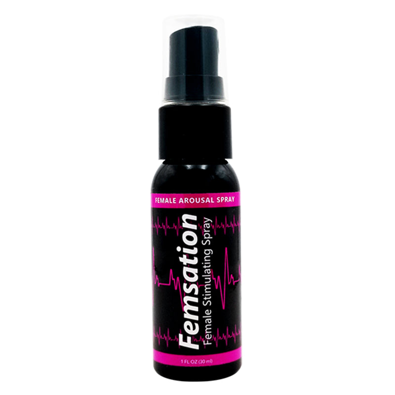 Femsation Female Stimulation Spray 1oz bottle Body Action Femsation 1 oz spray slim black pump bottle with magenta heartbeat label and clear cap