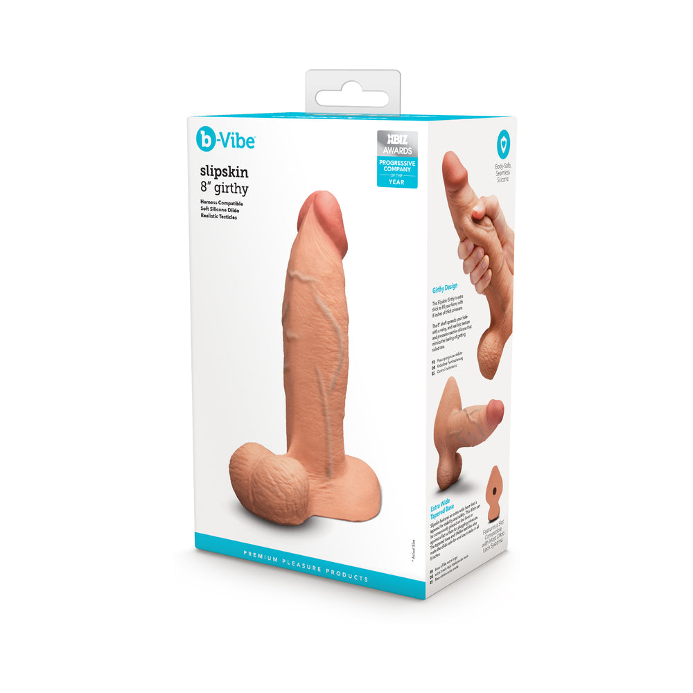 b-Vibe Slipskin Realistic Silicone Dildo 8 in. Girthy Mocha Mocha 8-inch Slipskin Girthy dildo beside retail box
