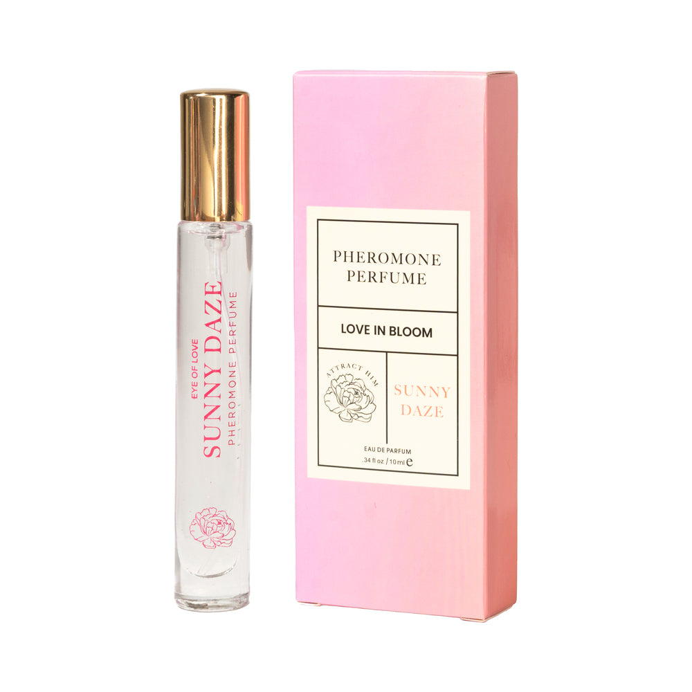 Eye of Love Bloom Attract Him Pheromone Parfum Sunny Daze 0.34 oz. Sunny Daze 0.34 oz slim spray vial beside its narrow light pink retail box