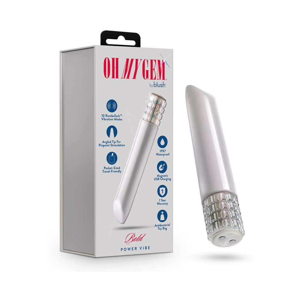 Oh My Gem Bold Vibe Diamond Silver Oh My Gem Bold vibrator with crystal-patterned base beside retail box