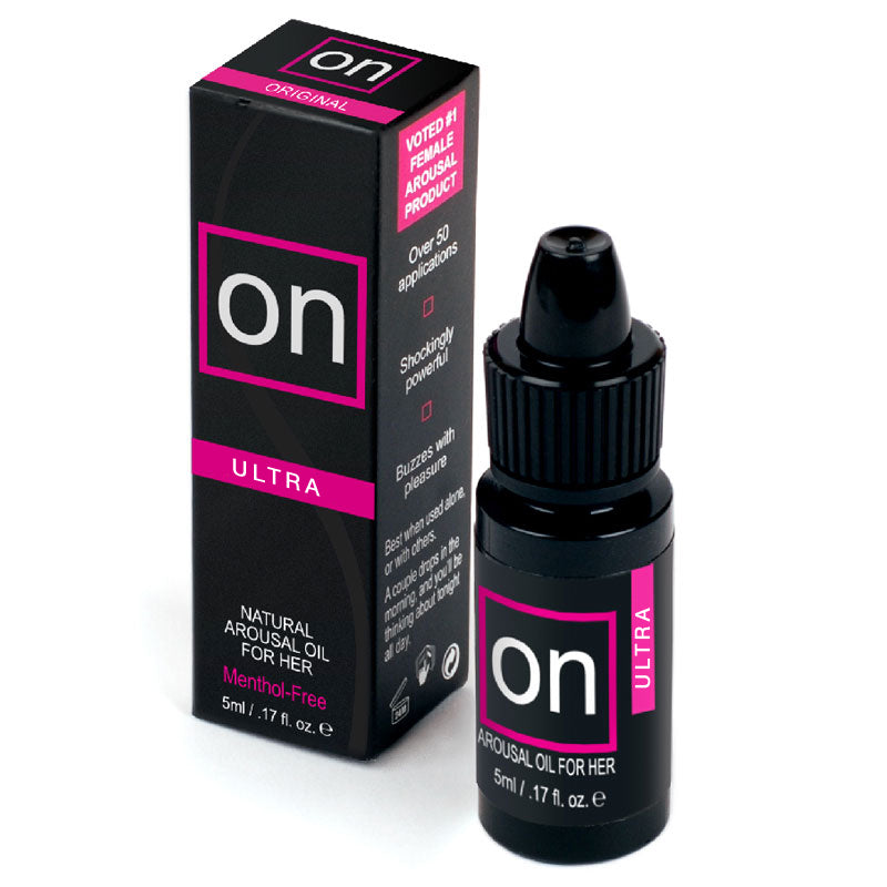 Sensuva ON Natural Arousal Oil Ultra 5 ml Sensuva ON Ultra 5 ml black dropper bottle beside a tall black and magenta box