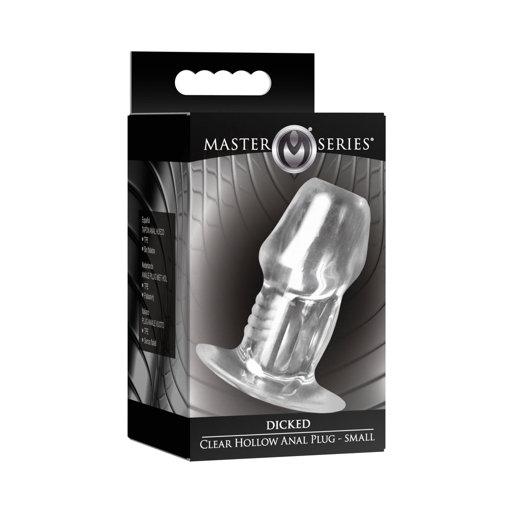 Master Series Dicked Clear Hollow Anal Plug Small Small clear Master Series Dicked hollow plug in black window box