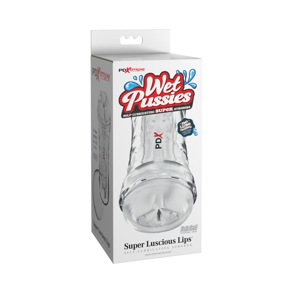 PDX Extreme Wet Pussies Super Luscious Lips Self-Lubricating Stroker Frosted PDX Extreme Luscious Lips clear dual-ended stroker white retail box front