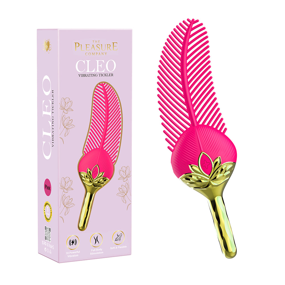 The Pleasure Company Cleo Vibrating Tickler Pink Savage Me Cleo pink feather tickler beside retail box