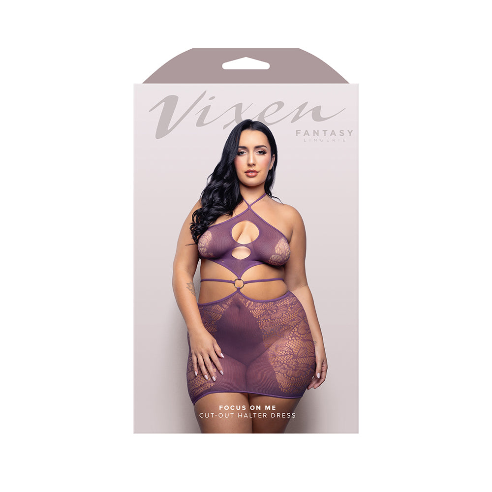 Fantasy Lingerie Vixen Focus On Me Cut-Out Halter Dress Purple Wisteria Queen Size Focus On Me purple halter dress Queen retail box