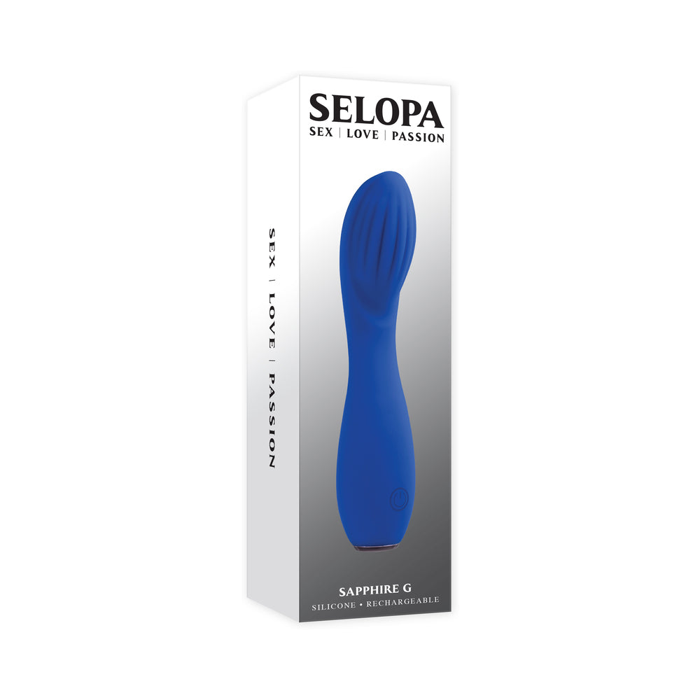 Selopa Sapphire G Rechargeable Vibe Silicone Blue Selopa Sapphire G retail box with slim blue curved vibrator