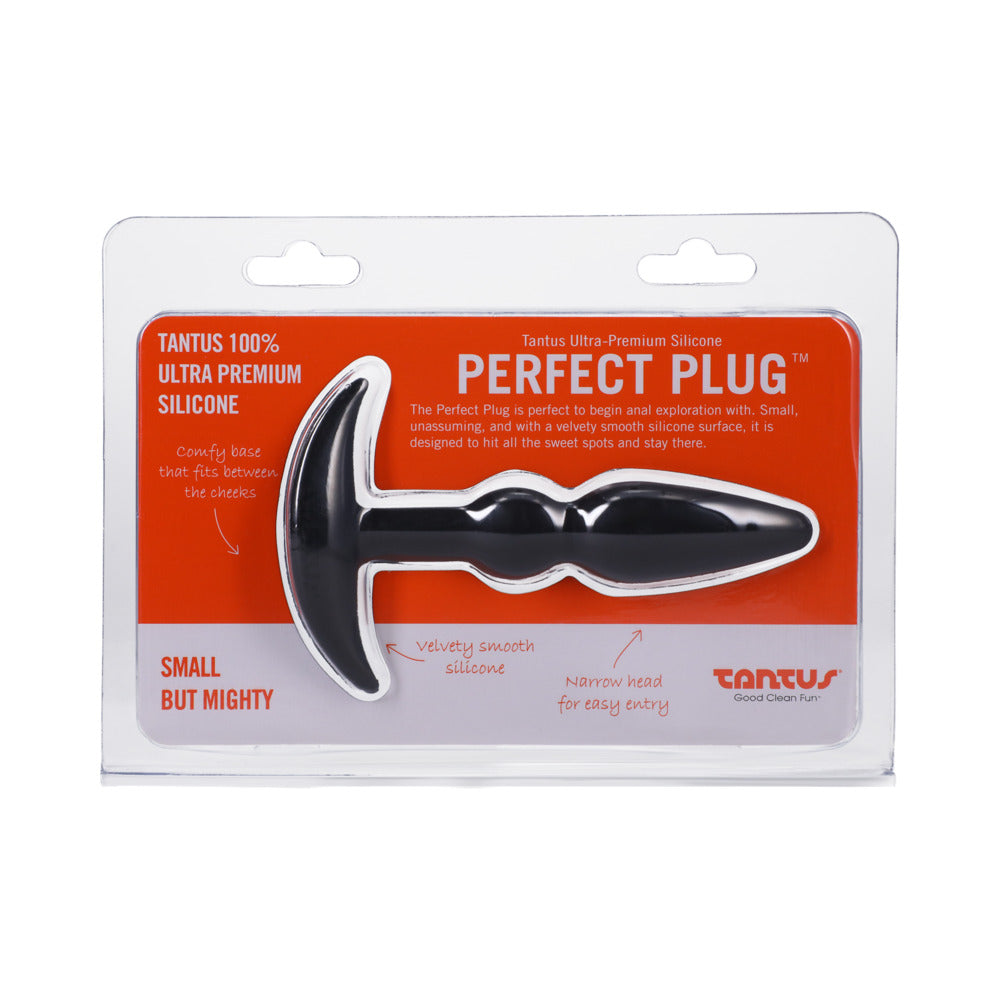 Tantus Perfect Plug Anal Plug Onyx Tantus Perfect Plug Onyx displayed in clear and orange retail pack
