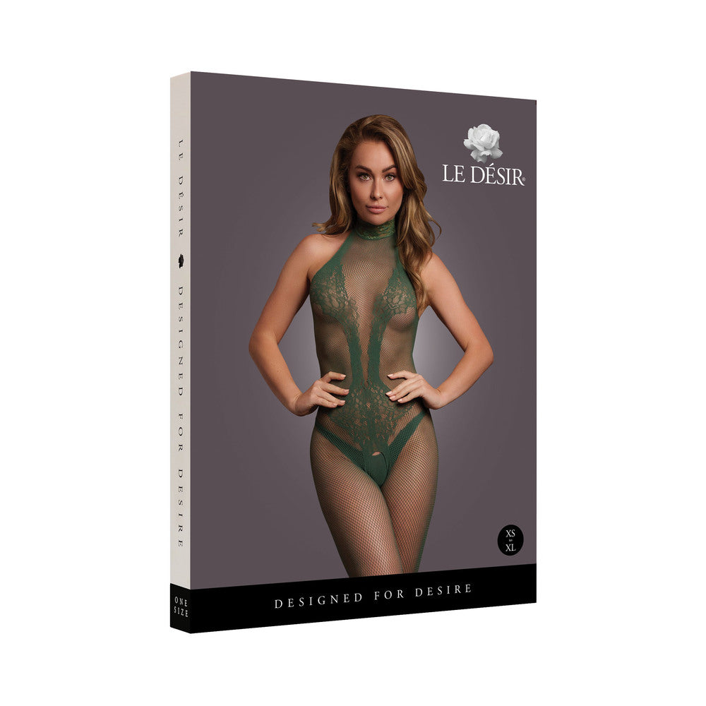 Le Desir Fishnet and Lace Bodystocking Midnight Green O/S Le Desir package featuring model in midnight green lace fishnet bodystocking