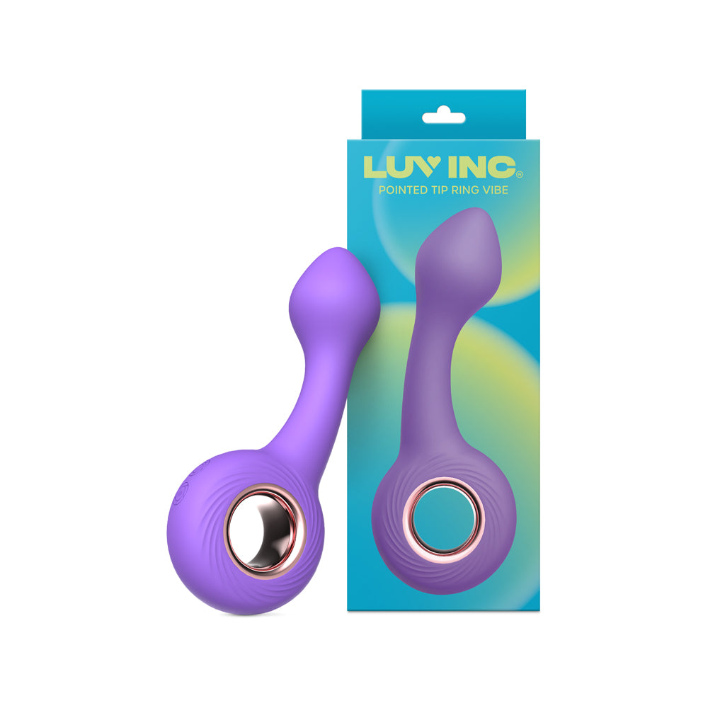 Luv Inc Pt16: Pointed Tip Ring Vibe Purple purple Luv Inc PT16 pointed-tip ring vibrator beside its aqua retail box