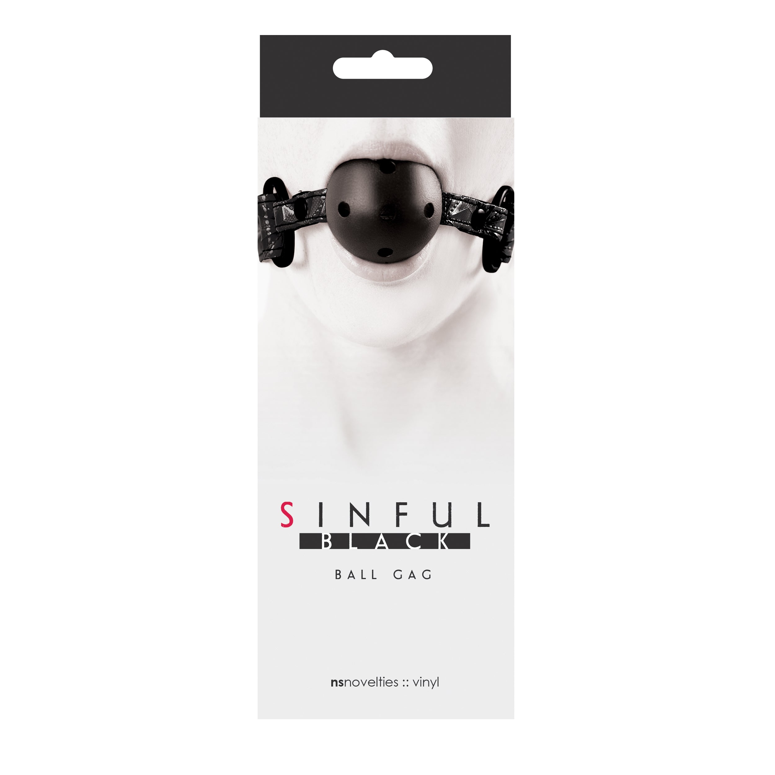 Sinful Vinyl Ball Gag Black Sinful Black Vinyl Ball Gag black retail card with model wearing gag