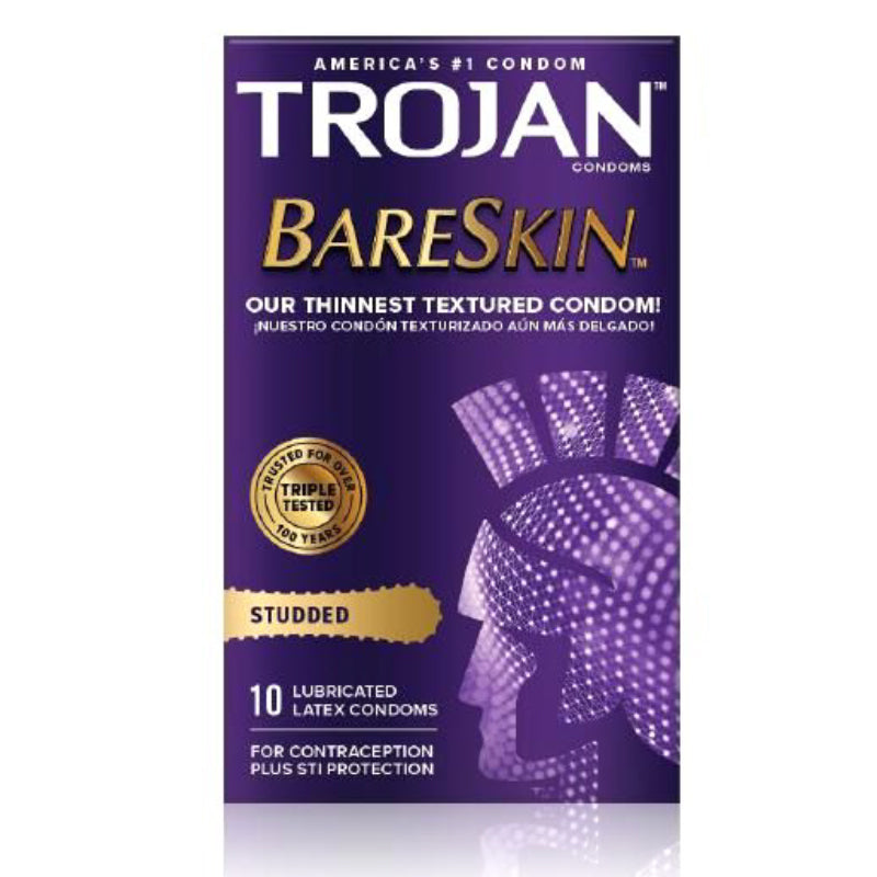 Trojan Studded Bareskin Condoms (10) Trojan Studded Bareskin Condoms tall purple ten-count condom box front