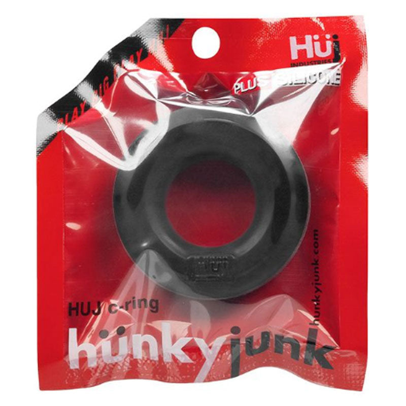 Hunkyjunk HUJ c-ring tar Oxballs Hunkyjunk HUJ black ring inside red-and-silver hanging pouch with broad circular opening visible