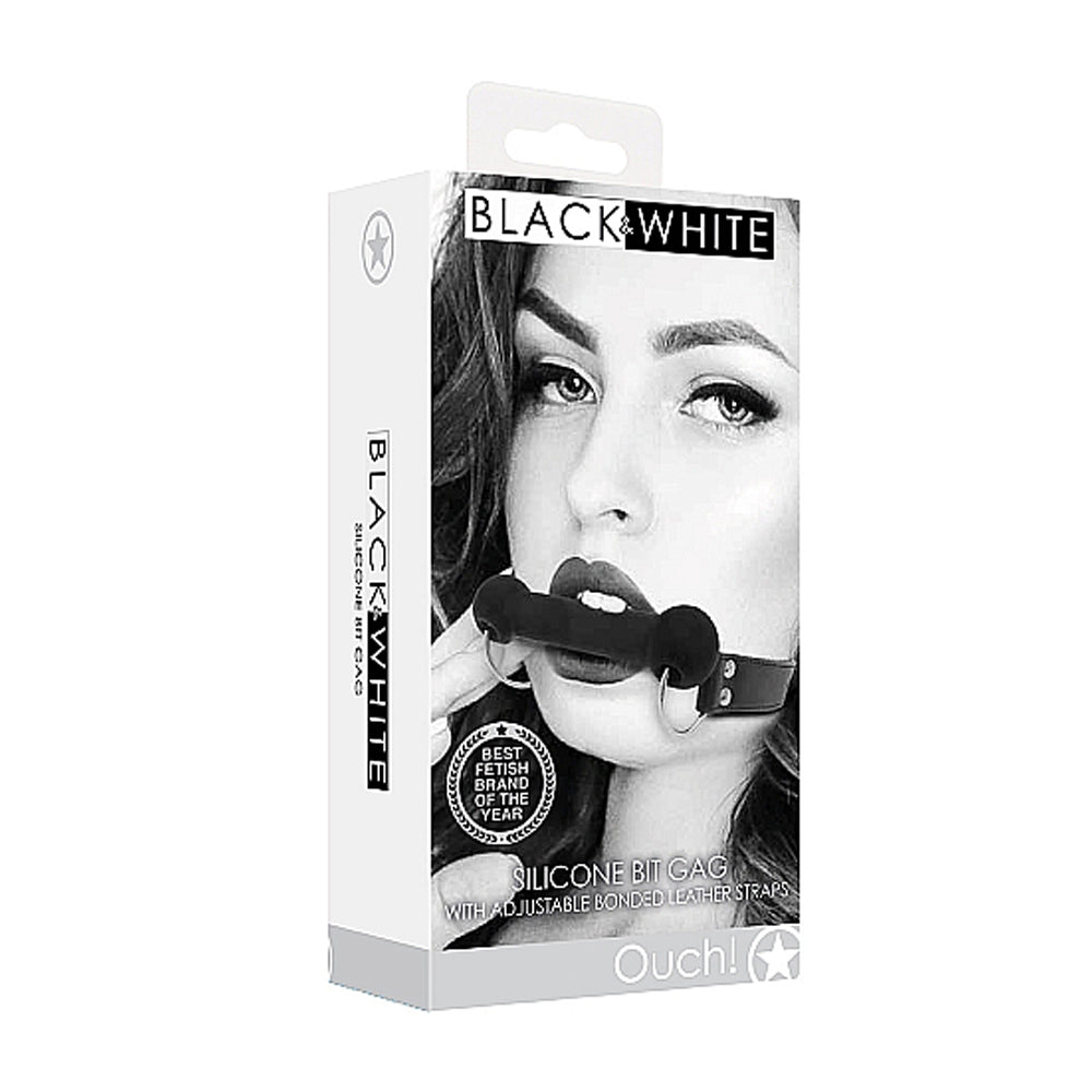 Ouch! Black & White Silicone Bit Gag With Adjustable Bonded Leather Straps Black Ouch black silicone bit gag retail box front