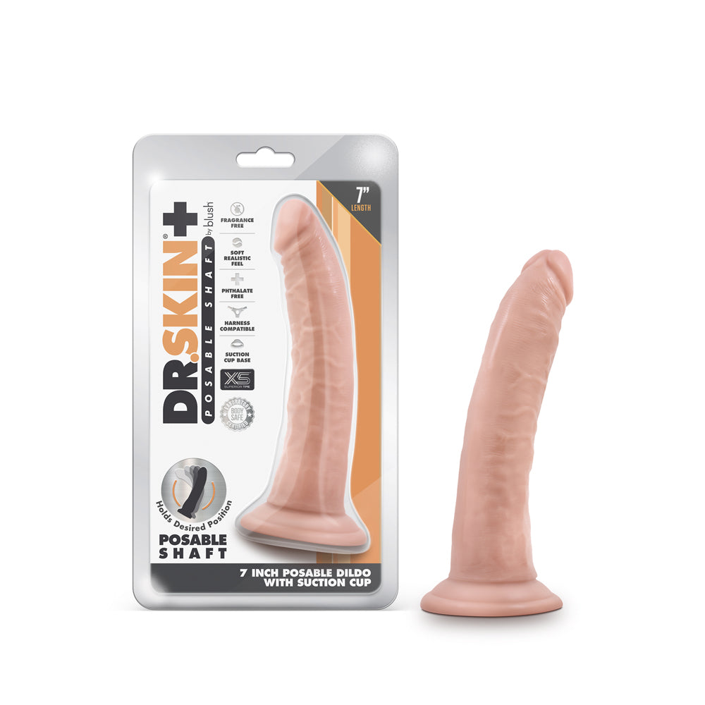 Dr. Skin Plus Realistic 7 in. Triple Density Posable Dildo Beige Beige Dr. Skin Plus 7-inch posable dildo beside retail package