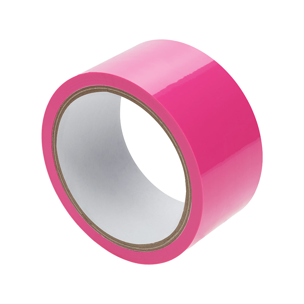 Ouch! PVC Non-Stick Tape Pink Angled view of glossy pink Ouch PVC tape roll with white core