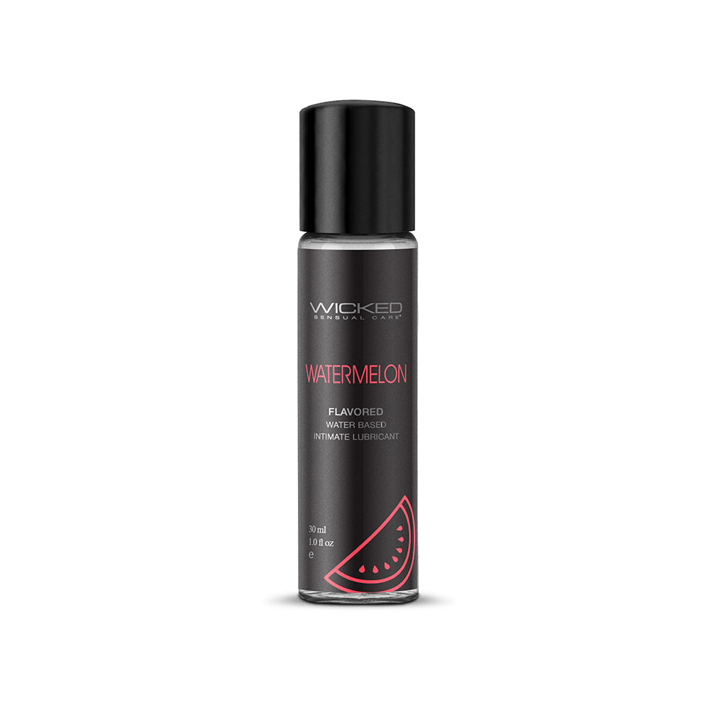 Wicked Aqua Watermelon Water-Based Lubricant 1 oz. Wicked Aqua Watermelon 1 oz lubricant front of slim black bottle with pink lettering and fruit-slice graphic