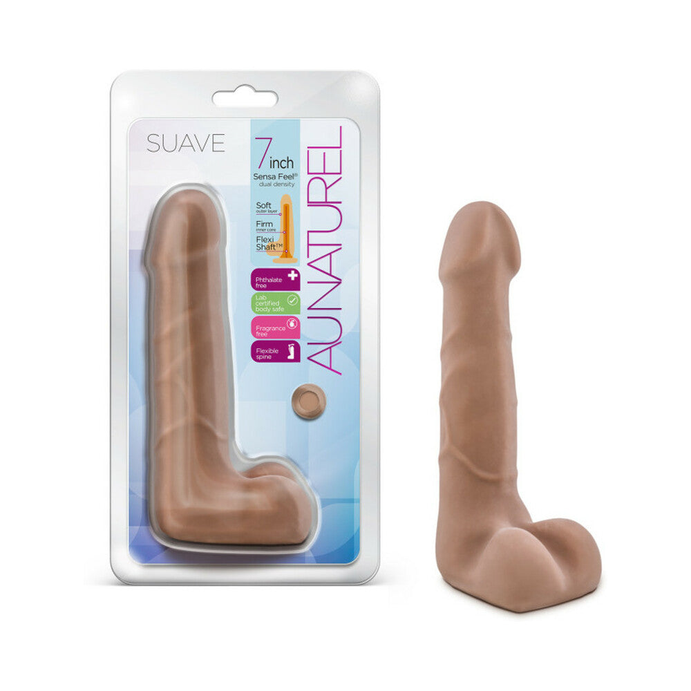 Au Naturel Suave 7 in. Posable Dual Density Dildo with Balls Tan Au Naturel Suave tan dildo with balls beside retail package