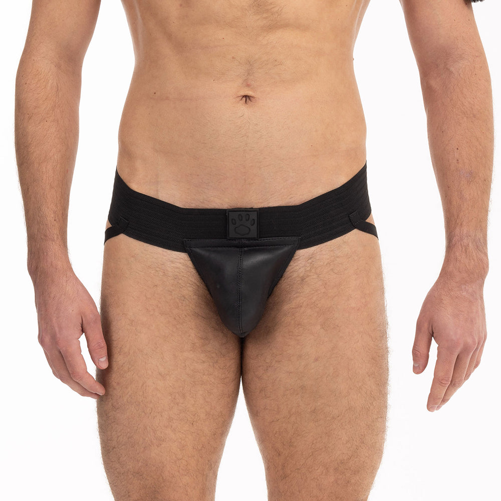 Prowler RED Pouch Jock Black L Front view of large black Prowler RED leather pouch jock worn