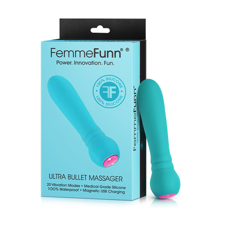 FemmeFunn Ultra Bullet Massager Rechargeable Silicone Vibrator Turquoise FemmeFunn Ultra Turquoise Silicone Bullet beside turquoise black retail box