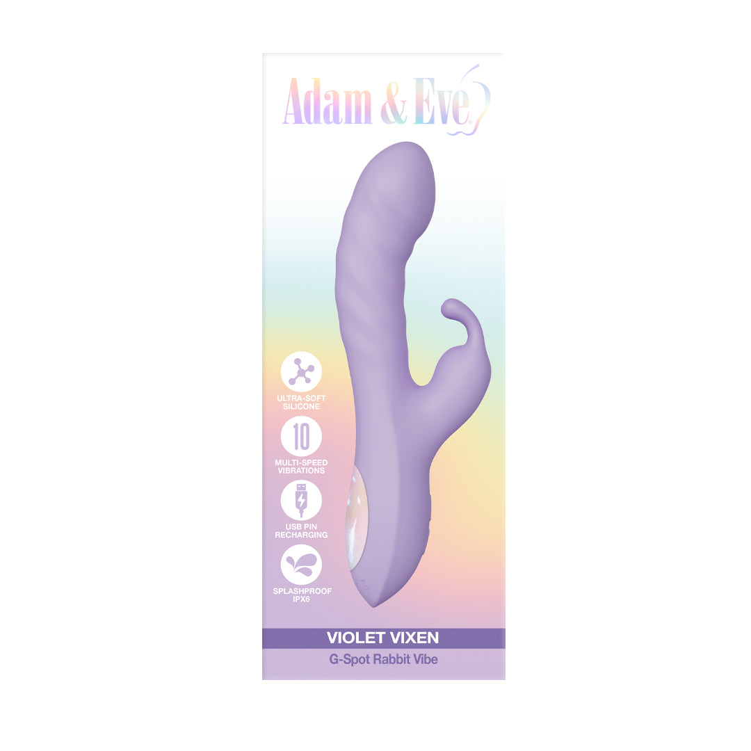 Adam & Eve Violet Vixen G-Spot Rabbit Vibe Adam and Eve Violet Vixen lilac rabbit vibrator in retail card