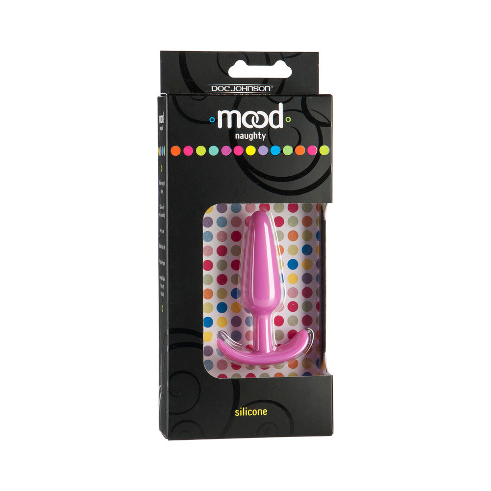Mood - Naughty - Small Pink Silicone Butt Plug Small pink Mood Naughty silicone butt plug in dotted retail packaging