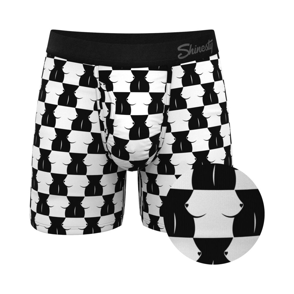 Shinesty The Chest Mate Checkered Ball Hammock Pouch Underwear with Fly 3XL Front view of Shinesty Chest Mate size 3XL black-white checkered pouch underwear