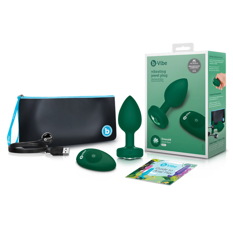 b-Vibe Vibrating Jewel Rechargeable Remote-Controlled Anal Plug with Gem Base Emerald Medium/Large Emerald b-Vibe Vibrating Jewel plug set with box pouch cable and cards