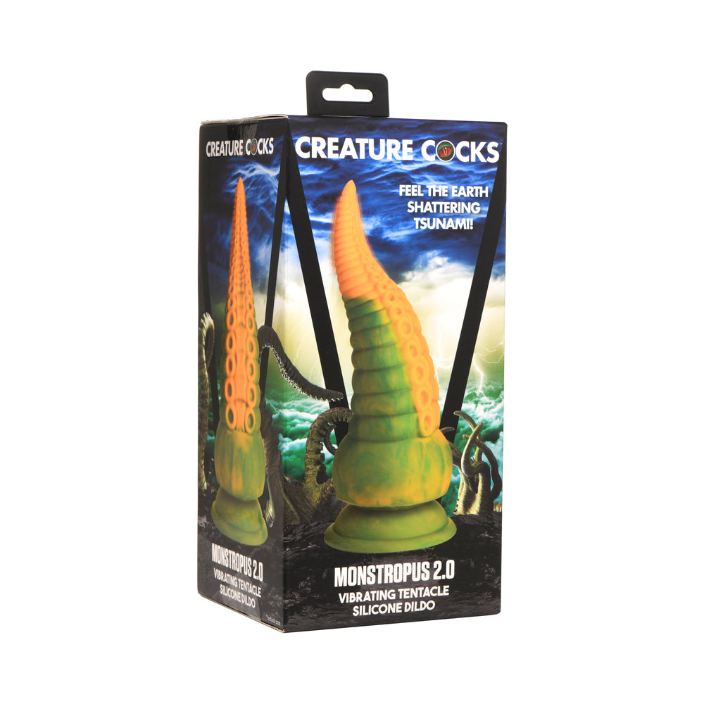Creature Cocks Monstropus 2.0 Vibrating Tentacle Silicone Dildo Creature Cocks Monstropus 2.0 green-orange tentacle beside illustrated retail box