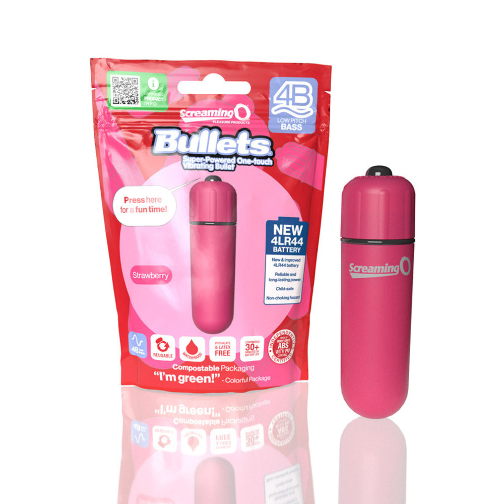 Screaming O 4B Bullet Vibrator Strawberry Screaming O 4B Strawberry bullet beside retail pouch