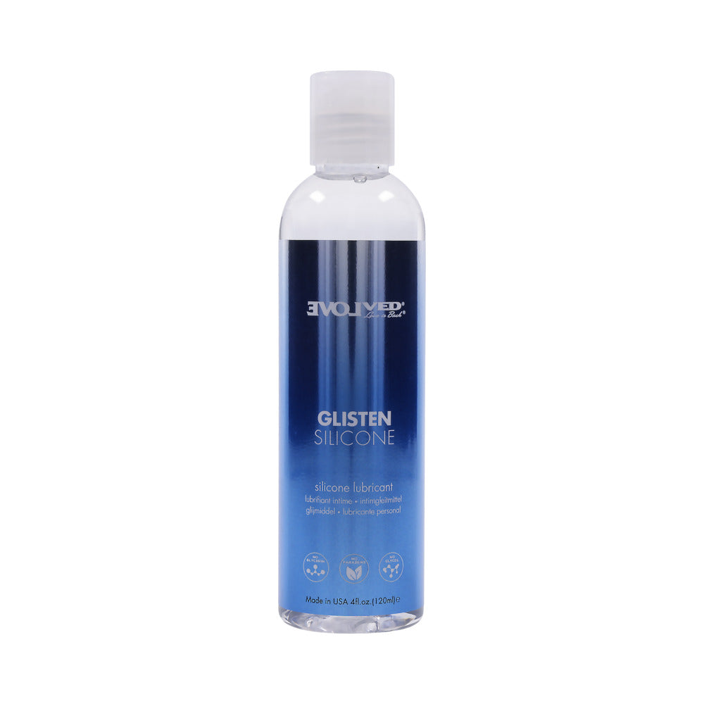 Evolved Glisten Silicone Lubricant 4 oz. front view of 4 oz Evolved Glisten clear silicone lubricant bottle with blue label
