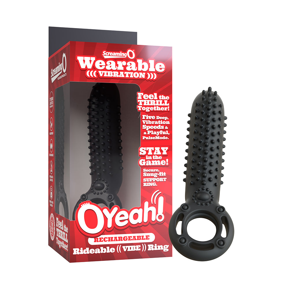 Screaming O Rechargeable O Yeah Silicone Black Black rechargeable OYeah ring beside red retail box