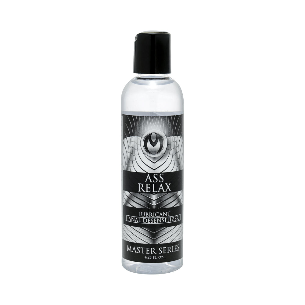 Master Series Ass Relax Desensitizing Lubricant 4.25 oz. clear Master Series Ass Relax 4.25 fl oz lubricant bottle with black cap