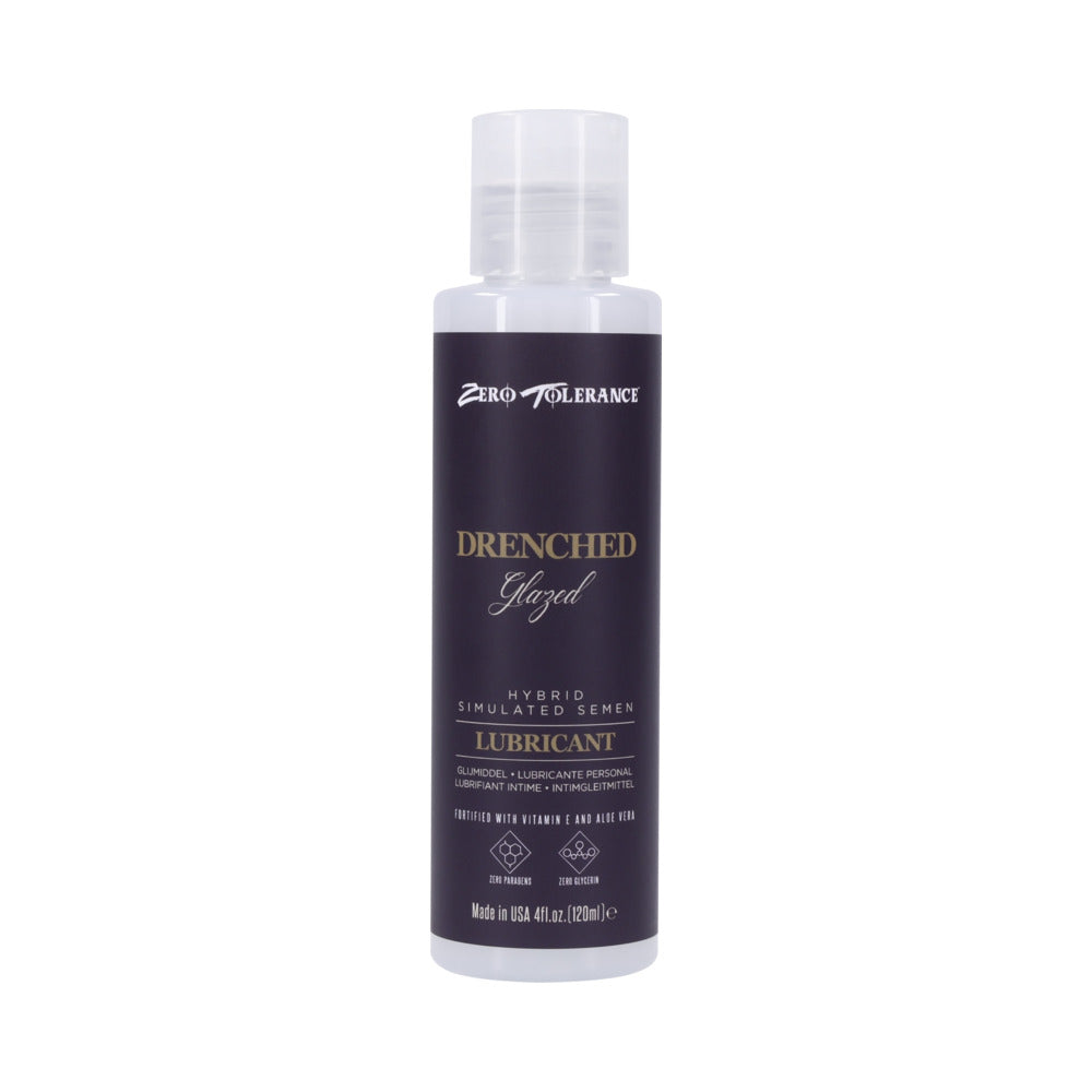 Zero Tolerance Drenched Glazed Hybrid Lubricant 4 oz. Front of Zero Tolerance Drenched Glazed clear 4 fl oz lubricant bottle