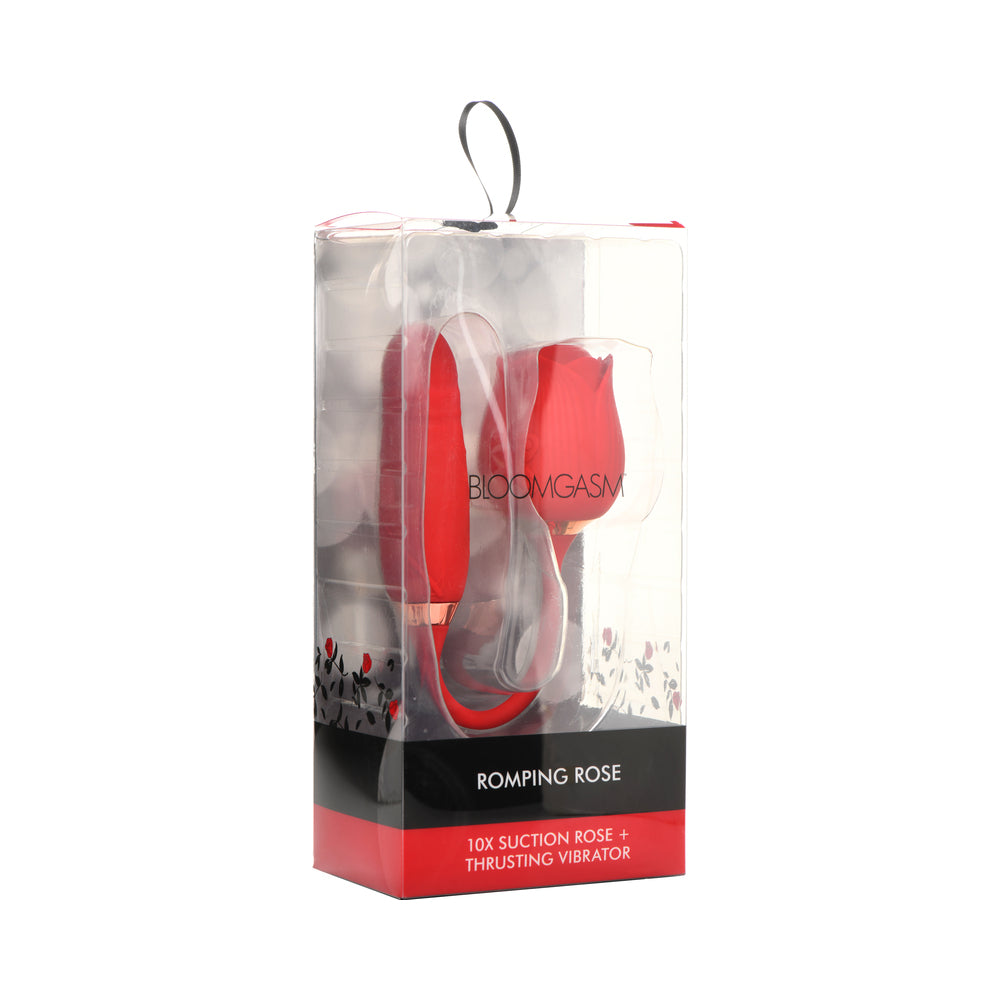 Bloomgasm Romping Rose 10X Suction Rose & Thrusting Vibrator red Bloomgasm Romping Rose suction head and elongated vibrator in clear box