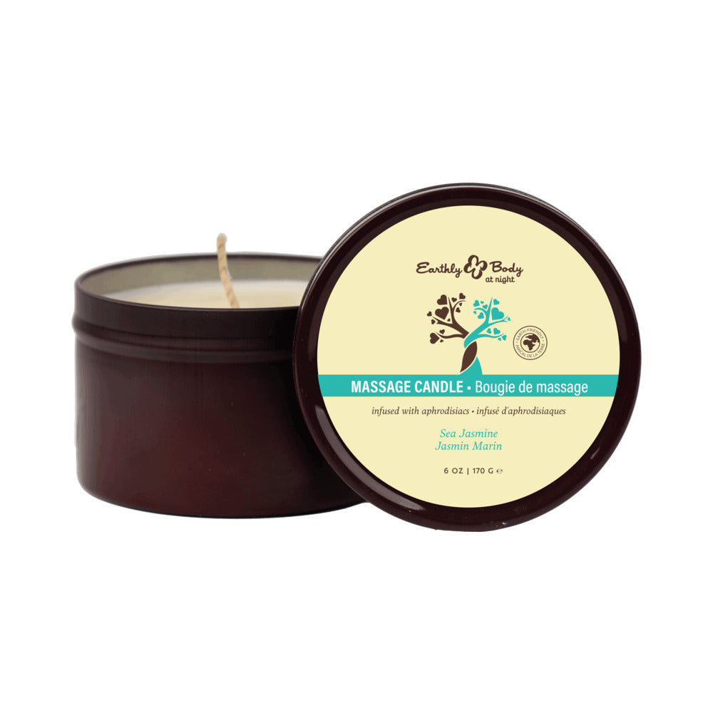 Earthly Body at Night Aphrodisiac Collection Candle Sea Jasmine 6 oz. Open Sea Jasmine candle beside teal-labeled brown tin lid