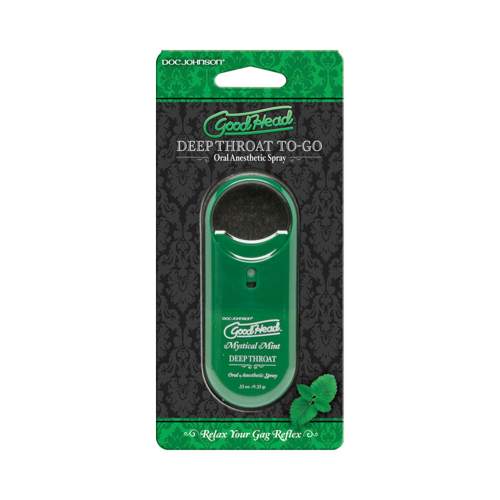 Goodhead to Go - Deep Throat Spray .33oz. Mystical Mint GoodHead To Go Mystical Mint Spray green bottle in black hanging card