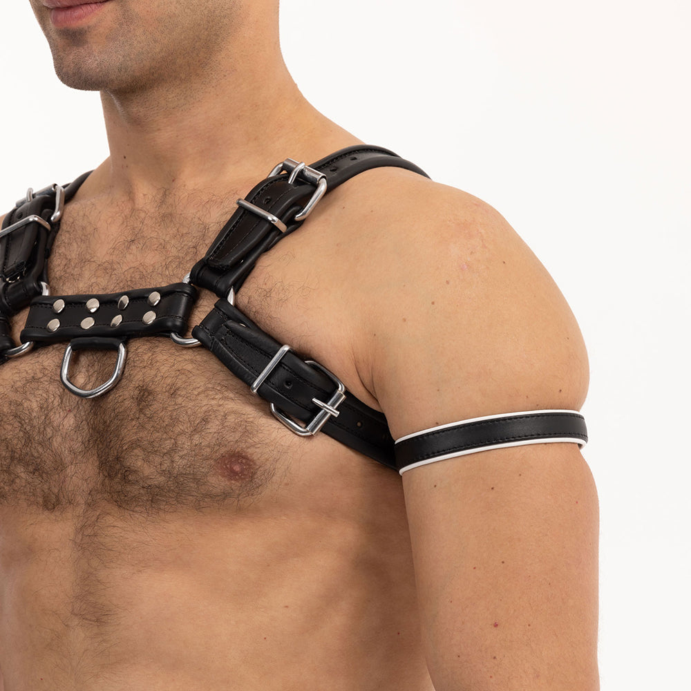 Prowler RED Bicep Band White White Prowler RED leather bicep band with dark edging worn on upper arm