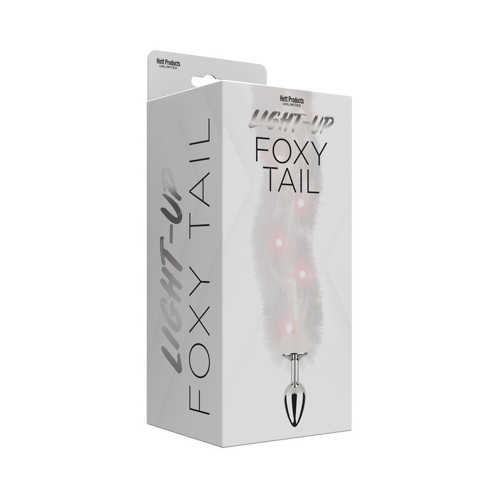 Foxy Tail Light Up Faux Fur Butt Plug With Multicolored Light Pattern White White Light-Up Foxy Tail plug in white retail box
