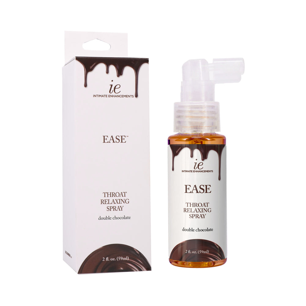 Intimate Enhancements Ease Throat Relaxing Spray Double Chocolate 2 oz. Ease Double Chocolate 2 oz spray bottle beside carton