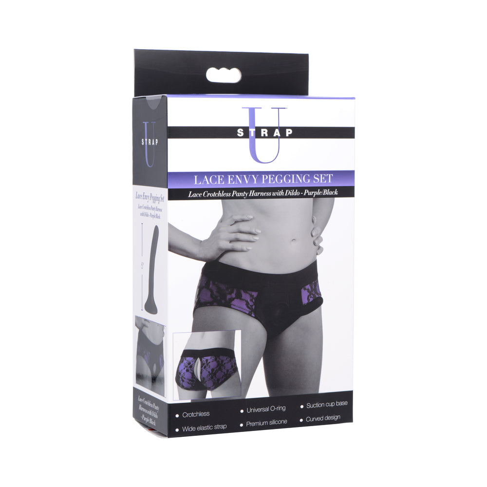 Strap U Lace Envy Pegging Set Purple/Black Purple-black Strap U Lace Envy harness and purple dildo on retail box