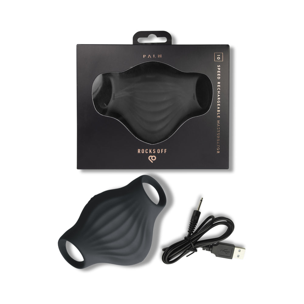 Rocks-Off Palm Vibrating Masturbator Black Black Rocks-Off Palm rippled masturbator with USB cable and box