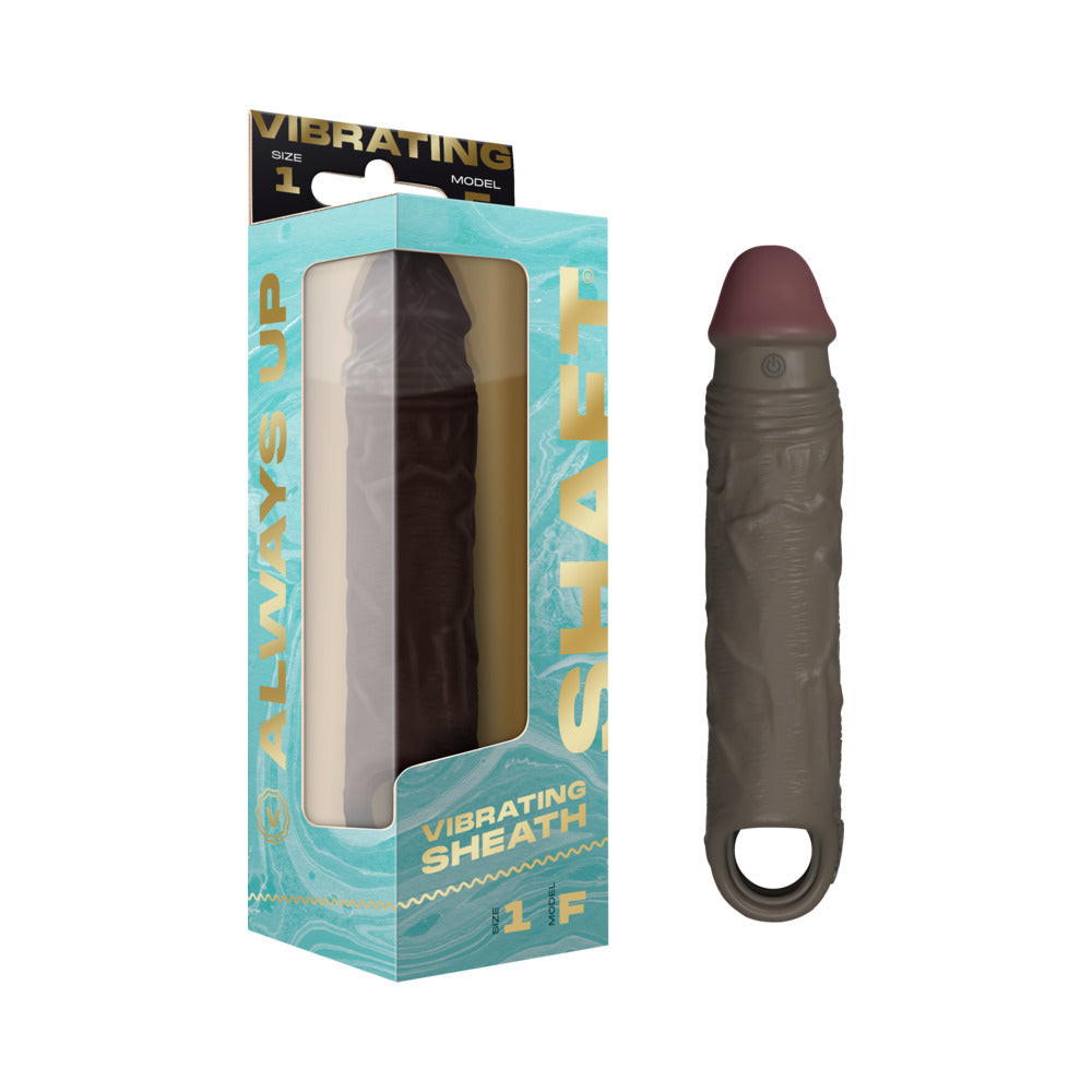 Shaft Vibrating Model F: Sheath Size 1 Mahogany Mahogany dark brown Shaft Model F vibrating sheath beside turquoise box