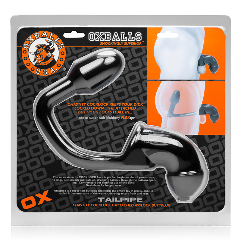 OxBalls Tailpipe, Chastity Cock-Lock And Attacehd Buttplug, Black OxBalls Tailpipe Black Connected Cock Lock and Plug Set
